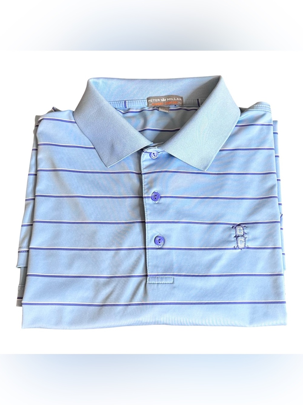 Peter Millar Summer Comfort Light Blue White Purple Striped Golf Polo Shirt Men’